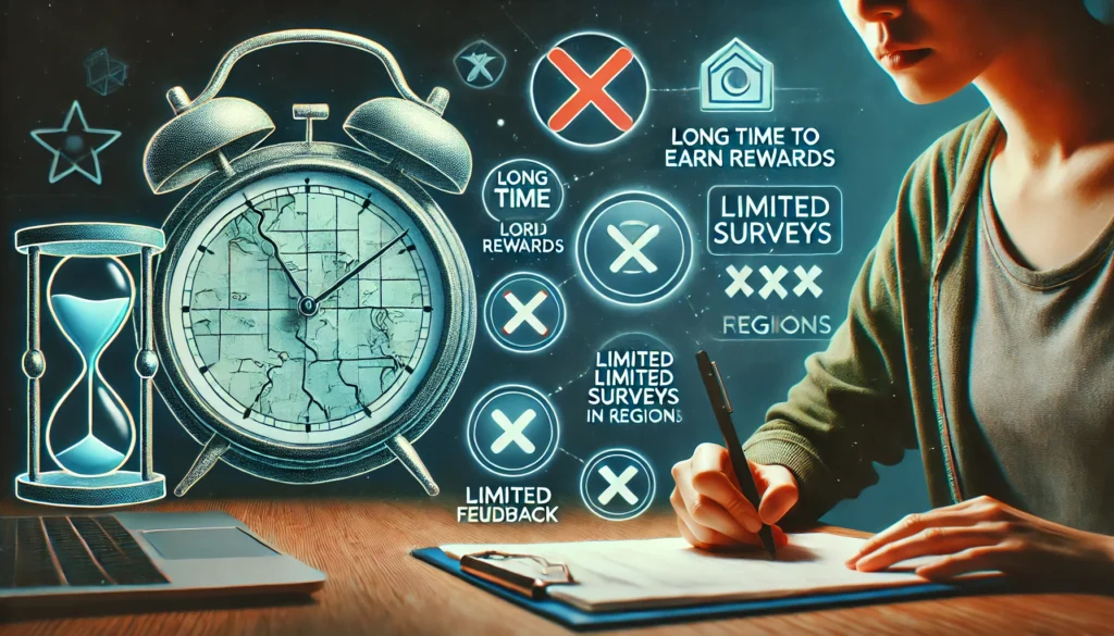 شرح موقع Surveyeah: دليلك للربح من استطلاعات الرأي 2025 DALL·E 2024 11 21 23.15.14 An image featuring icons representing challenges such as a stopped clock indicating long time to earn rewards a map with marked areas and X signs