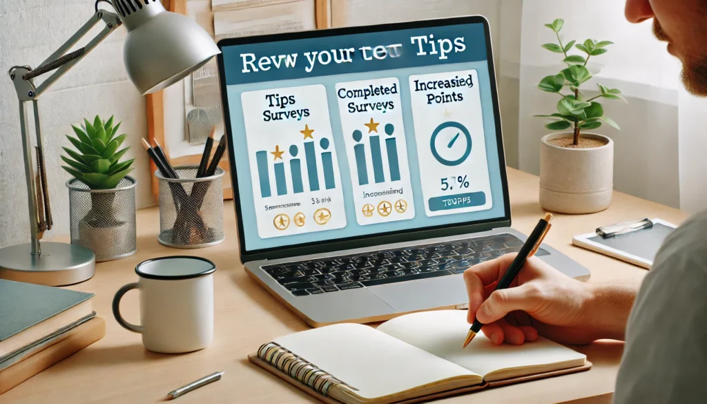 شرح موقع Surveyeah: دليلك للربح من استطلاعات الرأي 2025 DALL·E 2024 11 21 23.18.21 A simple desk setup with a person writing tips on a notebook while a laptop screen displays a survey platform interface with icons of completed surve