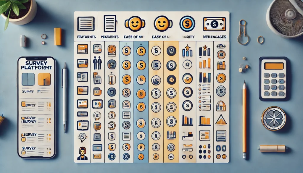شرح موقع Surveyeah: دليلك للربح من استطلاعات الرأي 2025 DALL·E 2024 11 21 23.18.36 A visual comparison table between three survey platforms with icons representing features like payments ease of use and variety of options. The tab